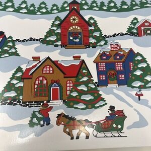 Vintage Lot 5 Vinyl Christmas Placemats Holiday Houses Trees Sledding Train 1989